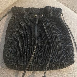 NWOT black beaded Mary Frances drawstring crossbody bag